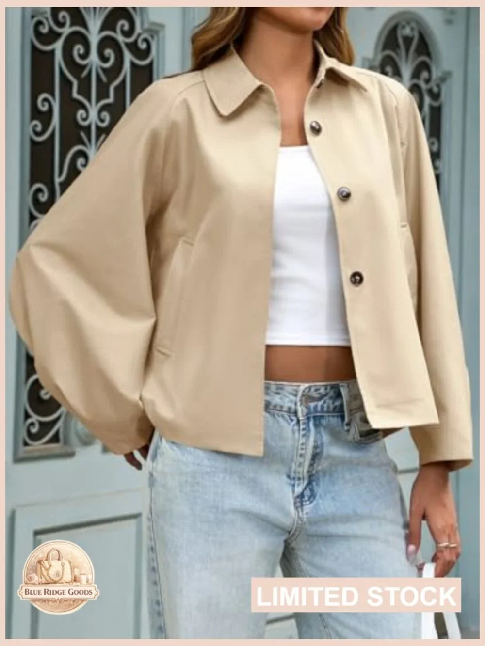 Cropped Trench Coat Lightweight Batwing Sleeve Oversized Chic Casual Outerwear - Picture 2 of 7